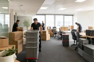 Délai déménagement bureau professionnel: équipe déménageant des boîtes et meubles dans un open space rempli de cartons et de bureaux.