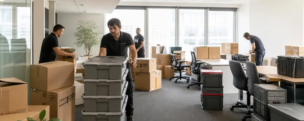 Délai déménagement bureau professionnel: équipe déménageant des boîtes et meubles dans un open space rempli de cartons et de bureaux.